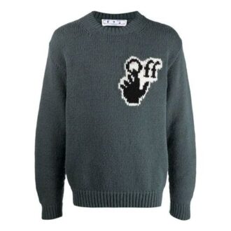 Off-White Men’ s FW21 Chest Intarsia Knit Logo Round Neck Long Sleeves Wool Sweater Loose Fit Green Off-White Men’ s FW21 Chest Intarsia Knit Logo Round Neck Long Sleeves Wool Sweater Loose Fit Green