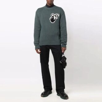 Off-White Men’ s FW21 Chest Intarsia Knit Logo Round Neck Long Sleeves Wool Sweater Loose Fit Green Off-White Men’ s FW21 Chest Intarsia Knit Logo Round Neck Long Sleeves Wool Sweater Loose Fit Green