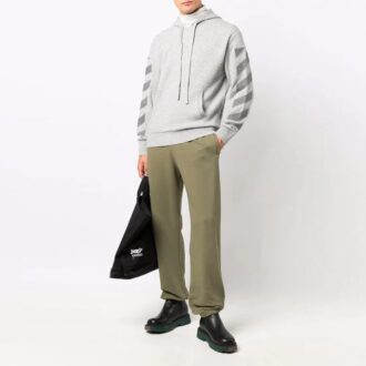 Off-White Men’ s FW21 Diagonal Stripes Hooded Pullover Wool Sweater Loose Fit Gray