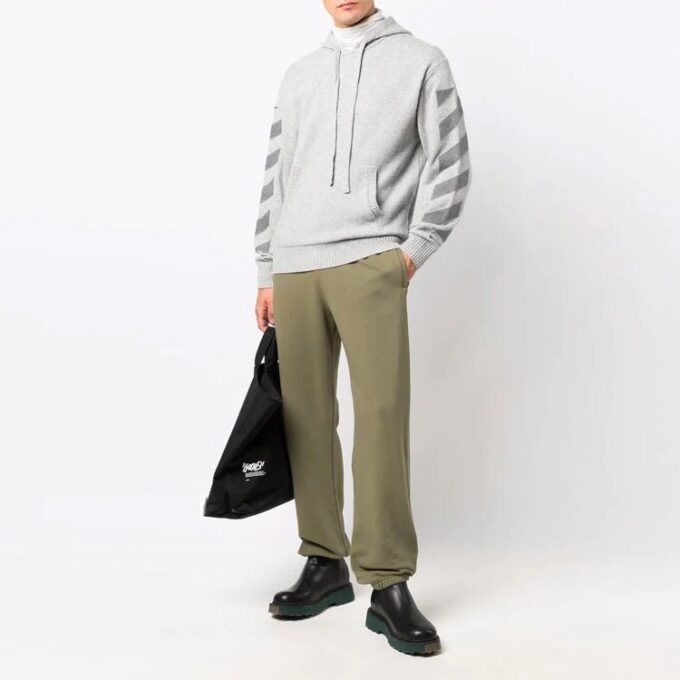Off-White Men’ s FW21 Diagonal Stripes Hooded Pullover Wool Sweater Loose Fit Gray