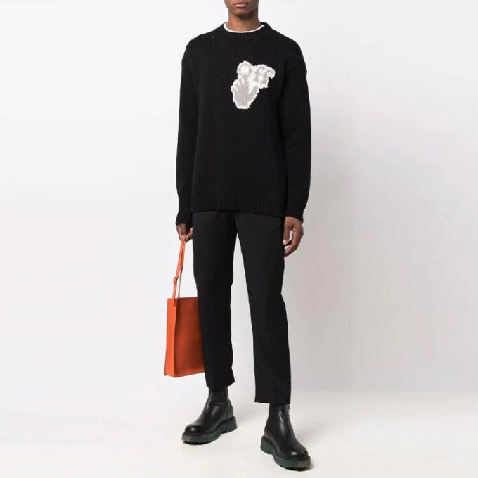 Off-White Men’ s FW21 Hands Off Logo Alphabet Round Neck Wool Sweater Loose Fit Black