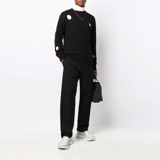 Off-White Men’ s FW21 Hollow Out Circular Round Neck Long Sleeves Pullover Wool Sweater Loose Fit Black