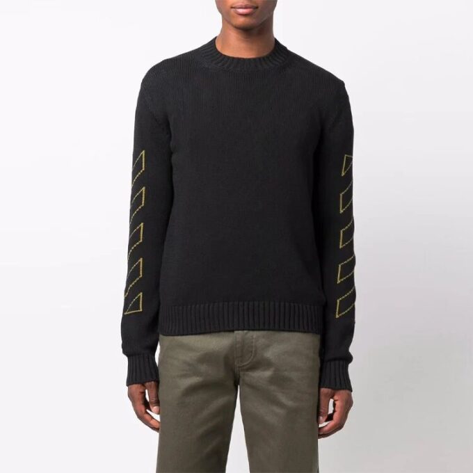 Off-White Men’ s FW21 Intarsia Pattern Long Sleeves Pullover Wool Sweater Black