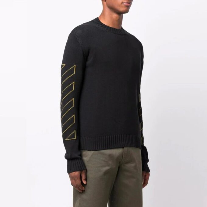 Off-White Men’ s FW21 Intarsia Pattern Long Sleeves Pullover Wool Sweater Black