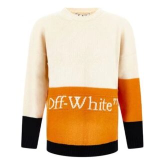 Off-White Men’ s FW21 Logo Pattern Loose Long Sleeves Colorblock Wool Sweater White Off-White Men’ s FW21 Logo Pattern Loose Long Sleeves Colorblock Wool Sweater White