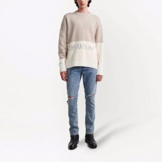 Off-White Men’ s FW21 Logo Pattern Round Neck Pullover Long Sleeves Colorblock Wool Sweater Loose Fit Off-White Men’ s FW21 Logo Pattern Round Neck Pullover Long Sleeves Colorblock Wool Sweater Loose Fit