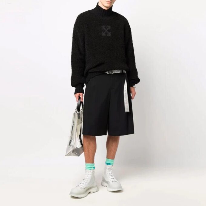 Off-White Men’ s FW21 Logo Pattern Solid Color High Collar Wool Sweater Loose Fit Black