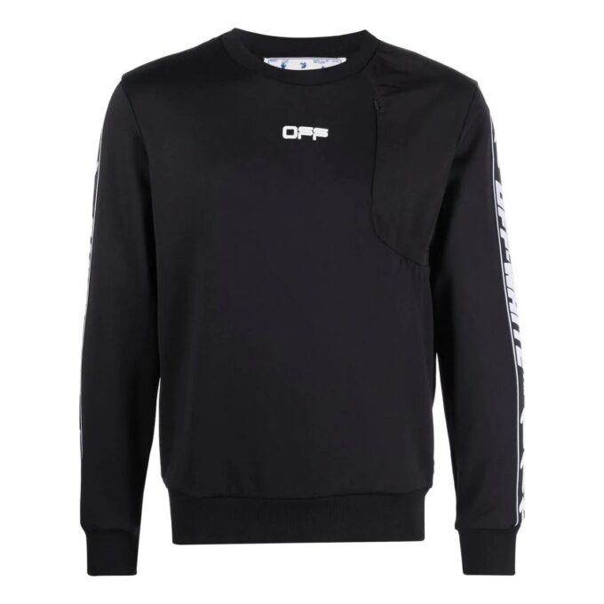 Off-White Men’ s FW22 Asymmetric Splicing Logo Webbing Round Neck Long Sleeves Black