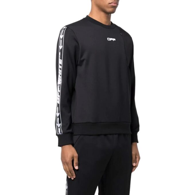 Off-White Men’ s FW22 Asymmetric Splicing Logo Webbing Round Neck Long Sleeves Black