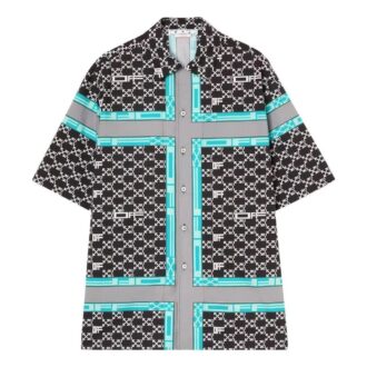 Off-White Men’ s FW22 Classic Logo Full Print Lapel Short Sleeve Loose Fit Black Shirt Off-White Men’ s FW22 Classic Logo Full Print Lapel Short Sleeve Loose Fit Black Shirt