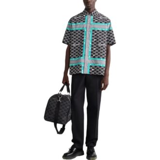 Off-White Men’ s FW22 Classic Logo Full Print Lapel Short Sleeve Loose Fit Black Shirt Off-White Men’ s FW22 Classic Logo Full Print Lapel Short Sleeve Loose Fit Black Shirt