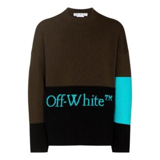 Off-White Men’ s FW22 Colorblock Logo Intarsia Round Neck Long Sleeves Wool Sweater Version Dark Brown Off-White Men’ s FW22 Colorblock Logo Intarsia Round Neck Long Sleeves Wool Sweater Version Dark Brown