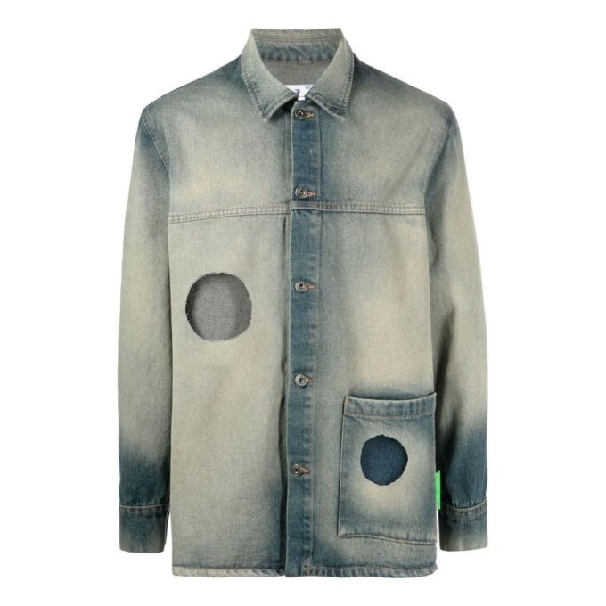 Off-White Men’ s FW22 Hollow Out Single Breasted Jacket Denim Ordinary Version Blue Gray