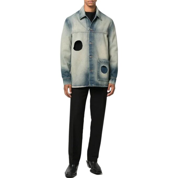 Off-White Men’ s FW22 Hollow Out Single Breasted Jacket Denim Ordinary Version Blue Gray