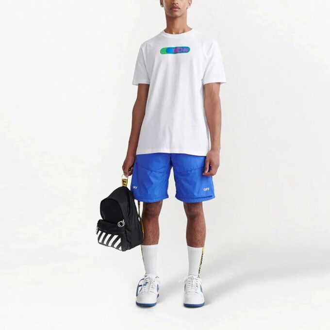 Off-White Men’ s FW22 Logo Diagonal Stripes Printing Drawstring Lacing Casual Shorts Version Blue