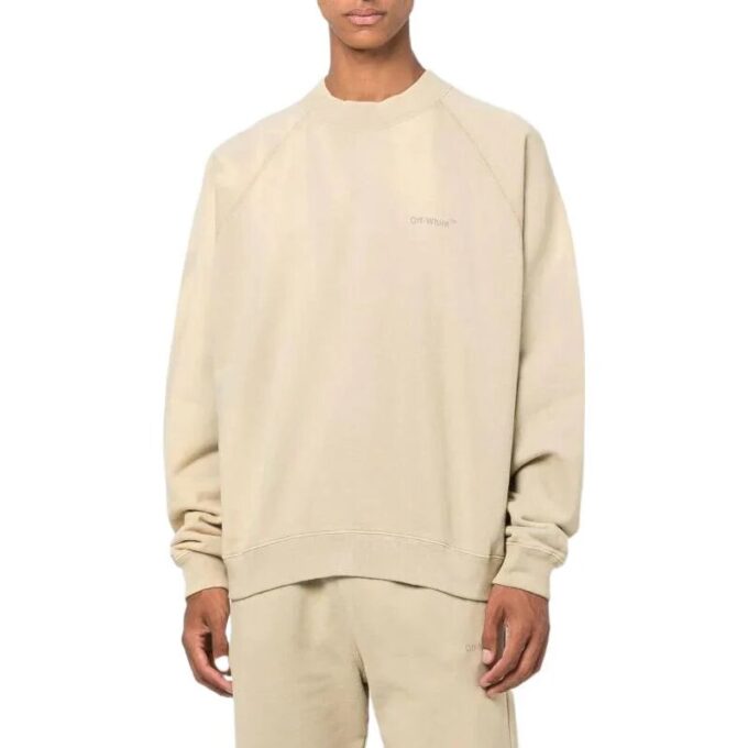 Off-White Men’ s FW22 Logo Embroidered Stripe Round Neck Long Sleeves Beige