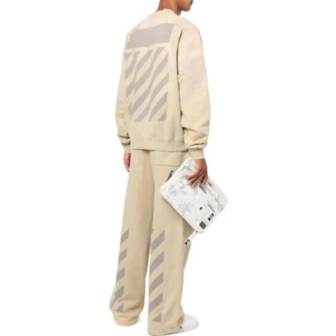Off-White Men’ s FW22 Logo Embroidered Stripe Round Neck Long Sleeves Beige