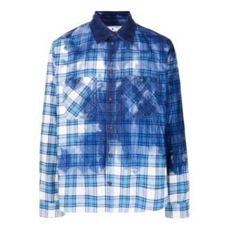 Off-White Men’ s FW22 Paint Splash Effect Plaid Long Sleeves Blue Shirt Off-White Men’ s FW22 Paint Splash Effect Plaid Long Sleeves Blue Shirt