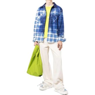 Off-White Men’ s FW22 Paint Splash Effect Plaid Long Sleeves Blue Shirt Off-White Men’ s FW22 Paint Splash Effect Plaid Long Sleeves Blue Shirt