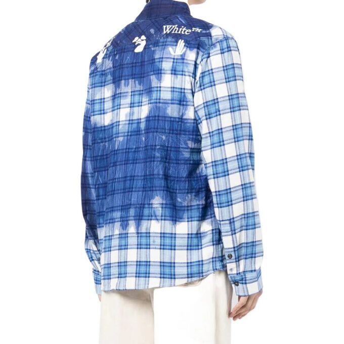 Off-White Men’ s FW22 Paint Splash Effect Plaid Long Sleeves Blue Shirt