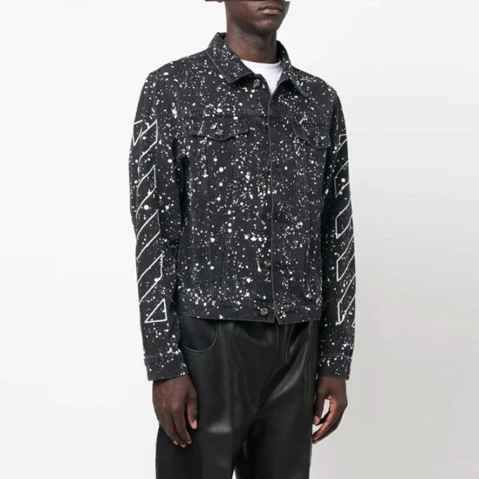 Off-White Men’ s FW22 Paint Splash Effect Single Breasted Jacket Denim Black