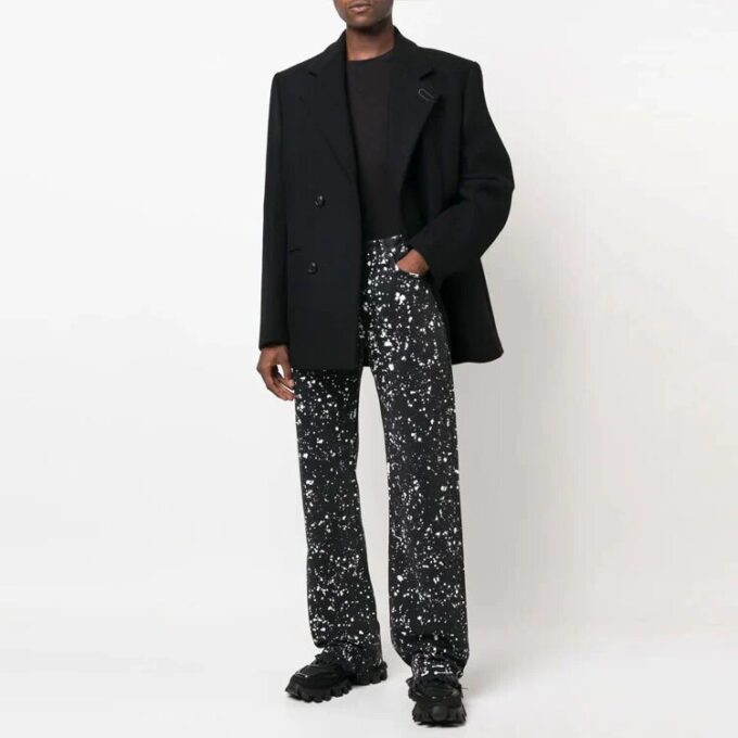 Off-White Men’ s FW22 Paint Splash Effect Straight Casual Pants/Trousers Version Black
