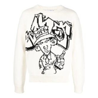 Off-White Men’ s FW22 Pattern Intarsia Knit Round Neck Long Sleeves Wool Sweater Loose Fit White Off-White Men’ s FW22 Pattern Intarsia Knit Round Neck Long Sleeves Wool Sweater Loose Fit White