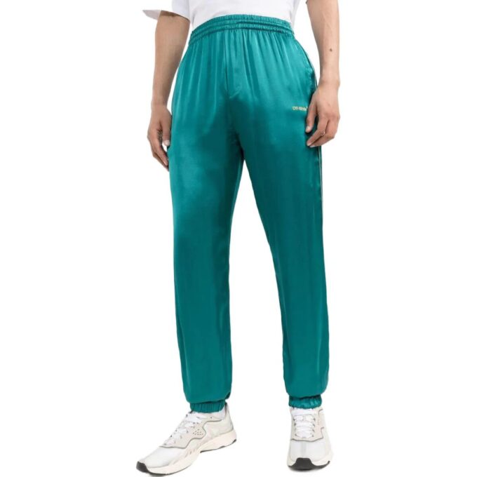 Off-White Men’ s FW22 Satin Elastic Waistband Bundle Feet Sports Pants/Trousers/Joggers Version Green