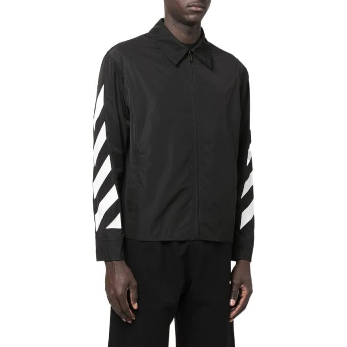 Off-White Men’ s FW22 Sleeve Side Stripe Design Lapel Zipper Jacket Black