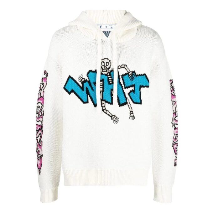 Off-White Men’ s FW22 Solid Color Graffiti Long Sleeves Hooded Knit White
