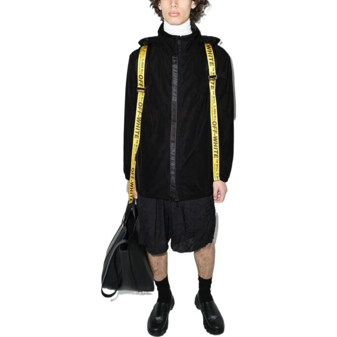 Off-White Men’ s FW22 Solid Color Logo Webbing Zipper Stand Collar Jacket Black
