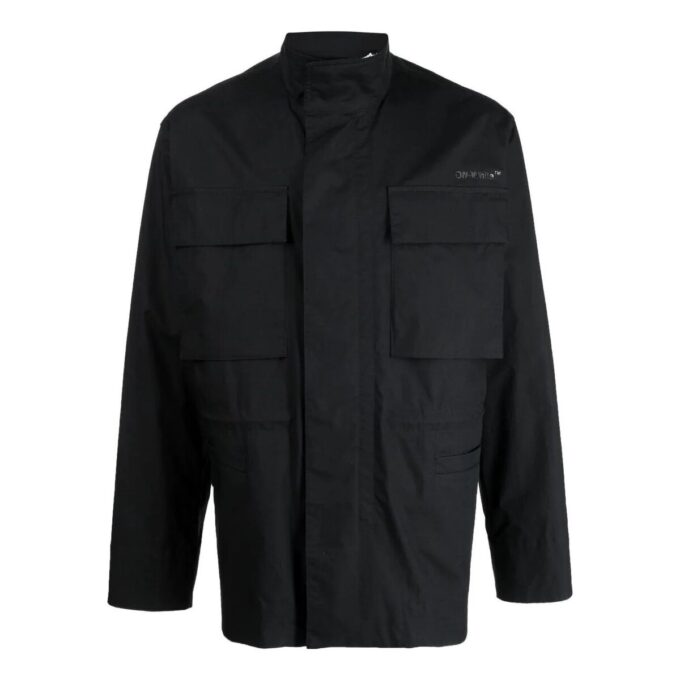 Off-White Men’ s FW22 Solid Color Pocket Zipper Back Printing Black Jacket