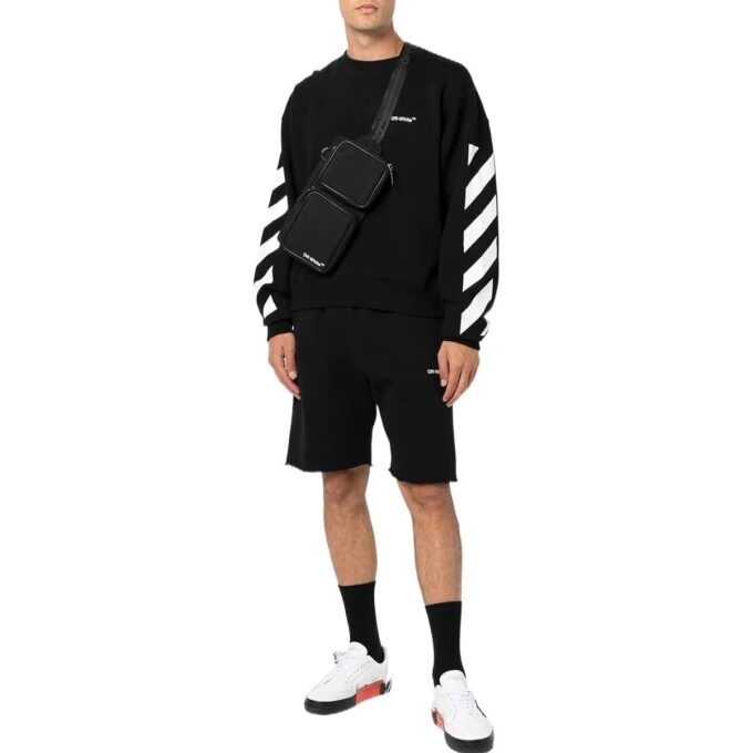 Off-White Men’ s FW22 Stripe Logo Printing Round Neck Long Sleeves Loose Fit Autumn Black
