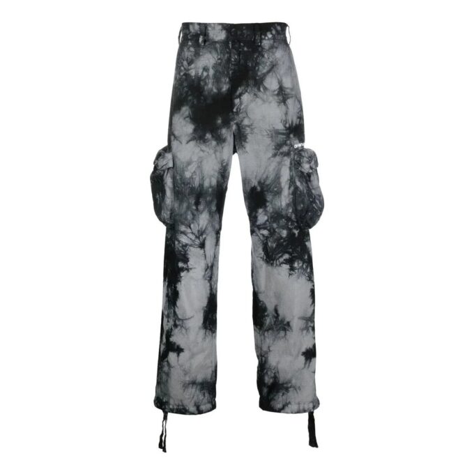 Off-White Men’ s FW22 Tie Dye Pattern Printing 3D Pocket Cargo Casual Pants/Trousers Black