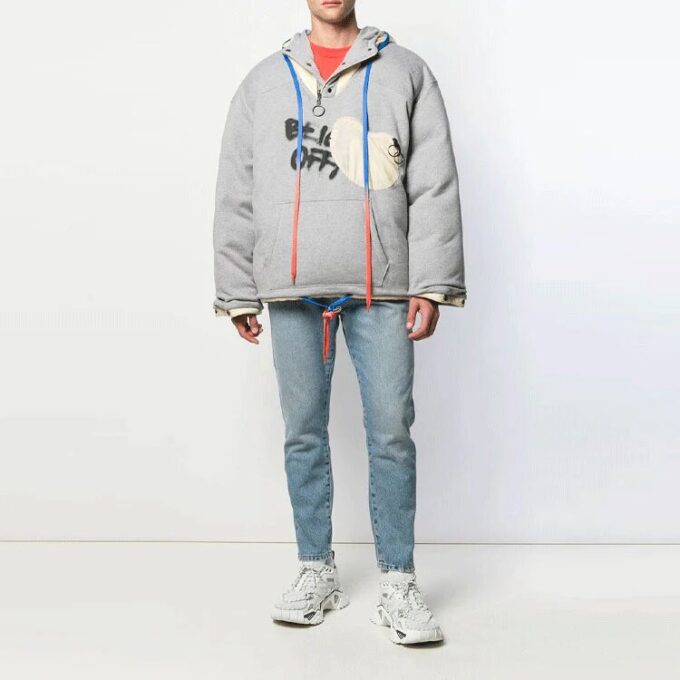 Off-White Men’ s Graffiti Alphabet Printing Double Sided Design Zipper Jacket Loose Fit Gray
