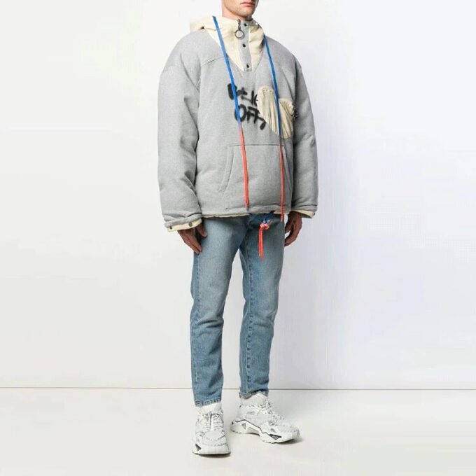 Off-White Men’ s Graffiti Alphabet Printing Double Sided Design Zipper Jacket Loose Fit Gray