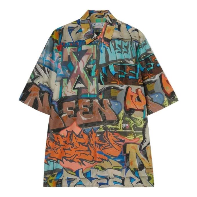 Off-White Men’ s Graffiti Printing Logo Pattern Short Sleeve Multicolor Shirt