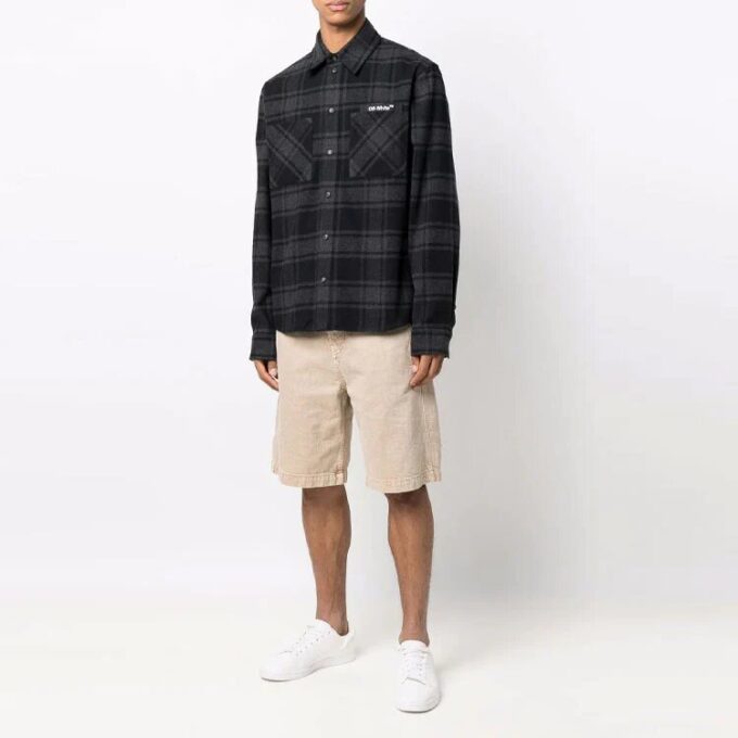 Off-White Men’ s Logo Plaid Flannel Long Sleeves Loose Fit Gray Shirt