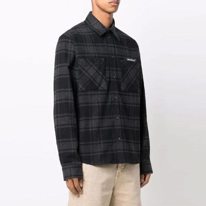 Off-White Men’ s Logo Plaid Flannel Long Sleeves Loose Fit Gray Shirt