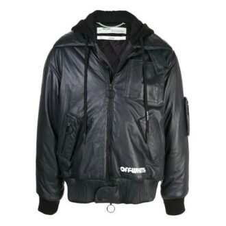 Off-White Men’ s Logo Printing Pattern Leather Aviator Jacket Black