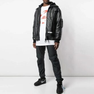 Off-White Men’ s Logo Printing Pattern Leather Aviator Jacket Black