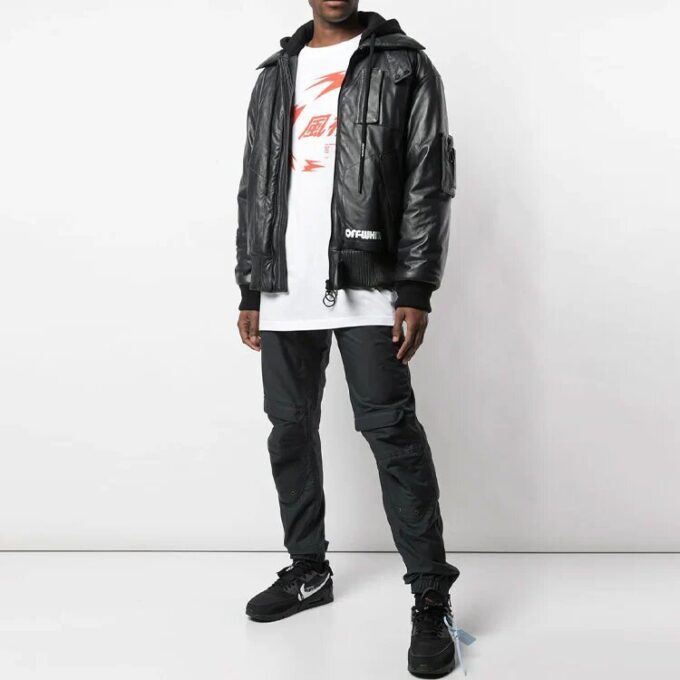 Off-White Men’ s Logo Printing Pattern Leather Aviator Jacket Black