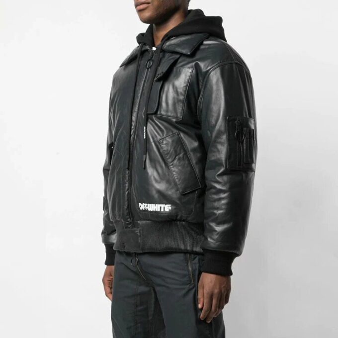 Off-White Men’ s Logo Printing Pattern Leather Aviator Jacket Black