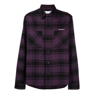 Off-White Men’ s Logo Printing Plaid Long Sleeves Dark Purple Shirt