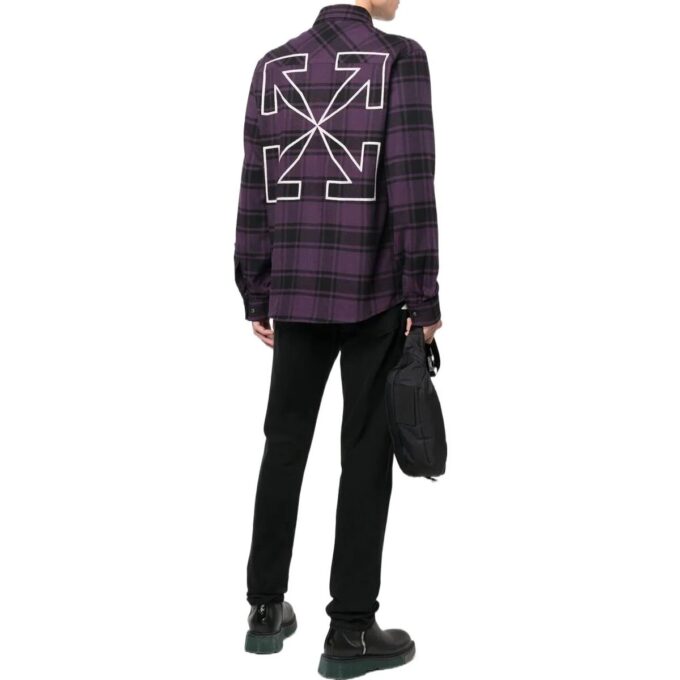 Off-White Men’ s Logo Printing Plaid Long Sleeves Dark Purple Shirt