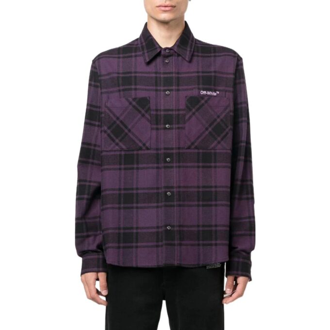 Off-White Men’ s Logo Printing Plaid Long Sleeves Dark Purple Shirt