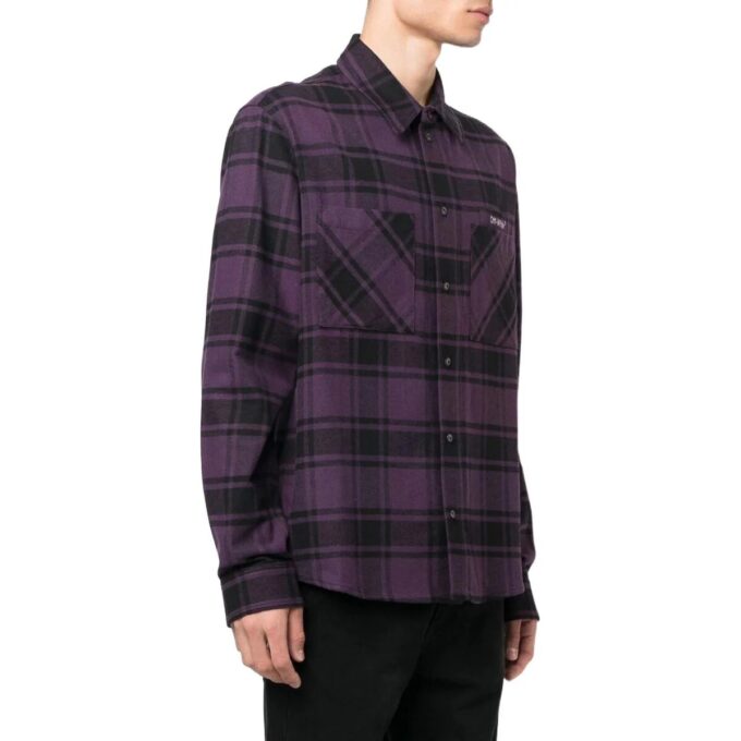 Off-White Men’ s Logo Printing Plaid Long Sleeves Dark Purple Shirt