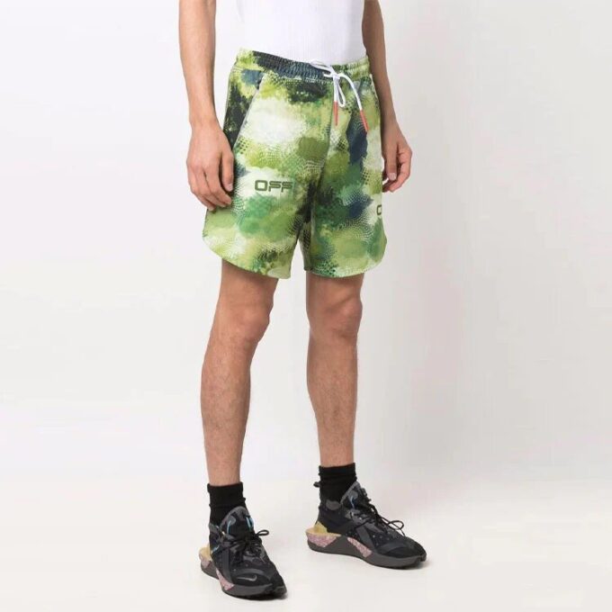 Off-White Men’ s Logo Sports Knit Shorts Loose Fit Green