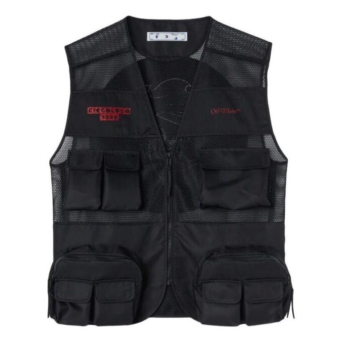 Off-White Men’ s Mesh Splicing V Neck Multiple Pockets Sleeveless Zipper Jacket Creamy White