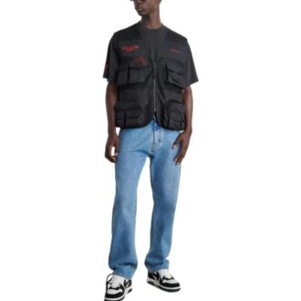 Off-White Men’ s Mesh Splicing V Neck Multiple Pockets Sleeveless Zipper Jacket Creamy White